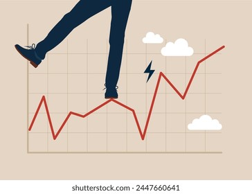 Man acrobat planning to walk on risky investment graph. Risk and uncertainty, investment volatility or stock market and crypto currency fluctuation up and down. Flat vector illustration