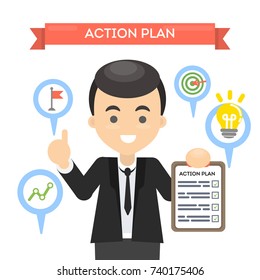 Man with action plan on board with lightbulb and gears. Concept of time management and strategy.