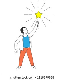 man action point finger to the star in winner concept