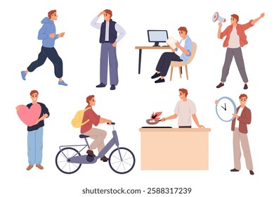 Man activities. Male character in different poses. Various casual clothes. Guy running or riding bike. Cooking breakfast. Person at workplace. Time clock. Protest rally