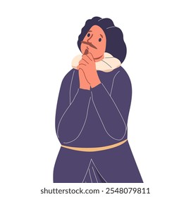 Man actor cartoon character wearing medieval costume holding hands in praying position playing role