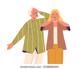 Man actor and woman actress emotional cartoon characters playing drama scene of family conflict