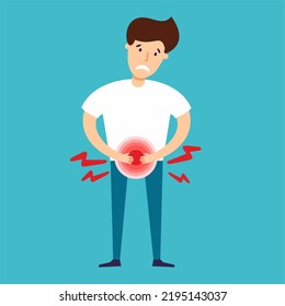 Ein Mann mit akuten Schmerzen in der Blase. Vektorgrafik von Krankheiten Prostatitis, Zystitis.	