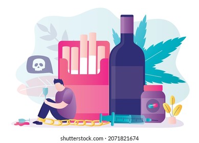 Man addicted to alcohol or nicotine substances. Depressed addict sits on chain. Alcohol bottles, marijuana and pills. Guy thinks about negative consequences of addiction. Flat vector illustration