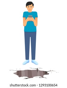 Man addicted to phone standing next to a hole on the ground vector