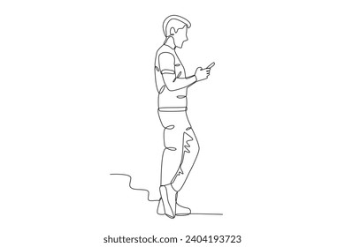 Un hombre adicto a los teléfonos celulares. Dibujo de una línea de adicción al teléfono móvil