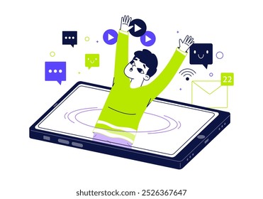 Hombre adicto al smartphone. Hombre ahogándose en la pantalla del teléfono móvil, Ilustración vectorial plana de la adicción del smartphone. Concepto de adicción a las redes sociales