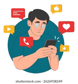Homem viciado em vetor de mídia social isolado. Ilustração de uma pessoa hipnotizada pelo smartphone. Jovem homem com forte vício em redes sociais. Aplicativo móvel.