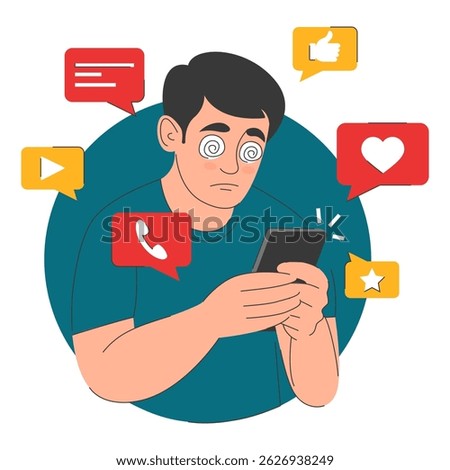 Man addicted to social media vector isolated. Illustration of a person hypnotized by smartphone. Young male person with a strong addiction to social networks. Mobile app.