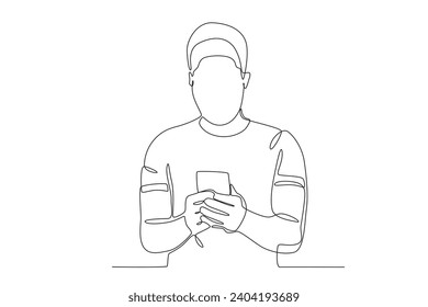 Un hombre adicto a la tecnología. Dibujo de una línea de adicción al teléfono móvil