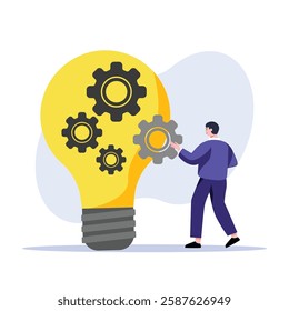 A man adding a gear to a lightbulb filled with gears represents idea generation and innovation Use for illustrating business strategies or creative solutions.