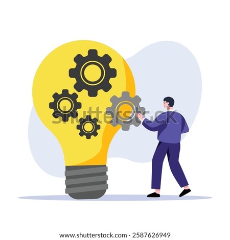 A man adding a gear to a lightbulb filled with gears represents idea generation and innovation Use for illustrating business strategies or creative solutions.