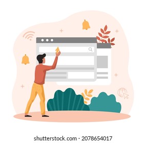 Man adding information. Character looking for something in browser, search bar, information on Internet. Page design, designer, application development, online. Cartoon flat vector illustration