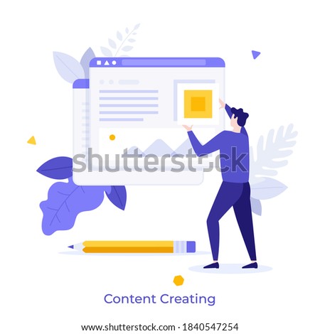 Man adding information on website. Concept of digital content creation and management, internet publication, publishing data online. Modern flat colorful vector illustration for banner, poster. Photo stock © 