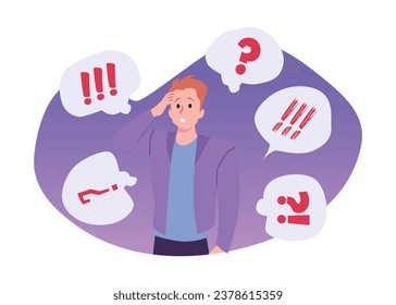 Man with ADHD symptoms. Mind disorder flat vector illustration with question and exclamation marks. Messy obsessive thoughts, confusion, attention deficit, headache and dizziness.