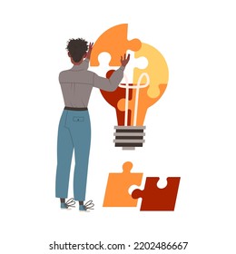 Man Adjusting Jigsaw Puzzle with Light Bulb as Smart Idea and Solution Vector Illustration