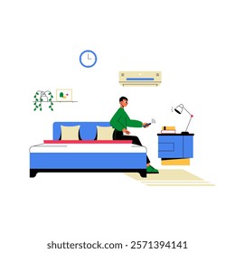 Man Adjusting Light Control From Bed In Flat Vector Illustration Symbolizing Home Automation, Convenience, And Modern Living, Isolated On White Background