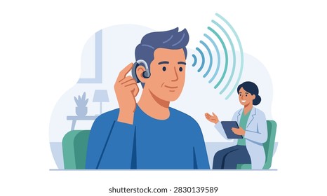 Man adjusting modern hearing aid during audiology consultation with doctor flat design illustration