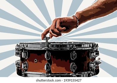 A man adjusts a close-up of percussion instruments. Music concept vector illustration with drum.