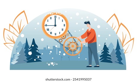 Ein Mann stellt eine große Uhr vor dem neuen Jahr ein. Reparatur und Anpassung der Zeit im Winter. Neujahr und Weihnachtszeit in der Stadt