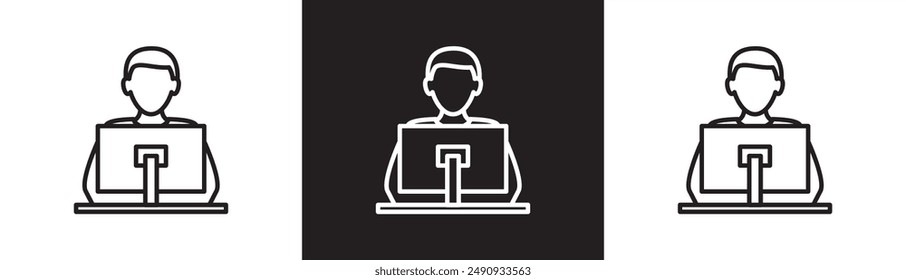 Man admin icon at computer, line icon of administrator, employee, customer service, support service and telemarketing, office work vector illustration on black and white and transparent background.