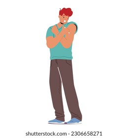 El Hombre Administra La Inyección De Insulina En Hombro Para El Tratamiento De La Diabetes. Carácter Masculino Que Garantiza El Suministro De Medicación Adecuado Y El Control Del Azúcar En Sangre. Ilustración de vectores de personas de caricatura