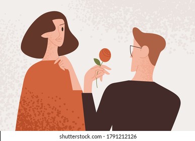 Man admirer giving red rose to attractive woman vector flat illustration. Enamored guy making present to lovely female. Couple enjoying romantic date isolated. People feeling love and tenderness