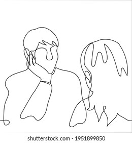 man admires a woman, he looking at her face while sitting at a table opposite - one line drawing. lover man props chin with hand while sitting at a table with a woman with long hair