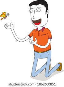 man admiring a flying butterfly