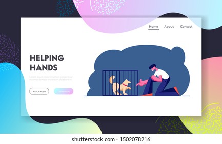 Man Adopting Pet from Shelter Website Landing Page. Guy Stretch Hand to Dog in Cage. Rehabilitation or Adoption Center for Stray and Homeless Animals Web Page Banner. Cartoon Flat Vector Illustration