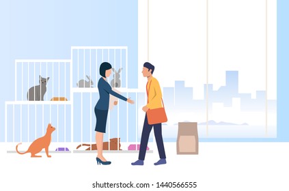 Man adopting pet, volunteer offering hand for handshake. Homeless pets, veterinary clinic concept. Vector illustration can be used for topics like animal shelter, adoption, charity