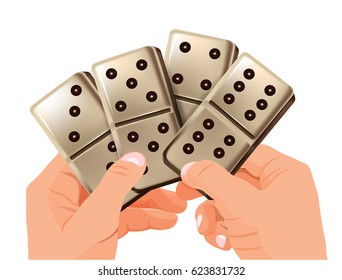 Man adopts many kinds of dominoes.Icon dominoes. Vector illustration. Hands holding a large domino. Cartoon vector illustration flat style with shadow, modern design, isolated on white background.