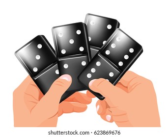 Man adopts many kinds of dominoes.Icon dominoes. Vector illustration. Hands holding a large domino. Cartoon vector illustration flat style with shadow, modern 