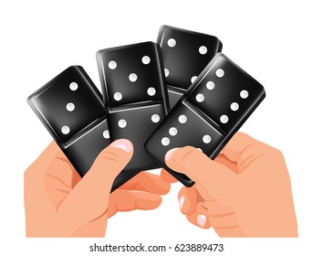 Man adopts many kinds of dominoes.Icon dominoes. Vector illustration. Hands holding a large domino. Cartoon vector illustration flat style with shadow, modern 