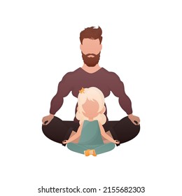 A man with an adorable baby girl are sitting and doing yoga. Isolated. Cartoon style. Vector illustration