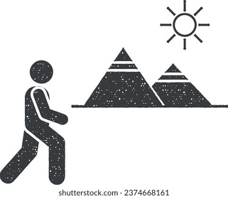 Man adventure camping pyramid icon vector illustration in stamp style