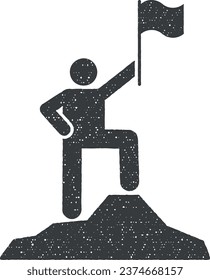 Man adventure flag mountain icon vector illustration in stamp style