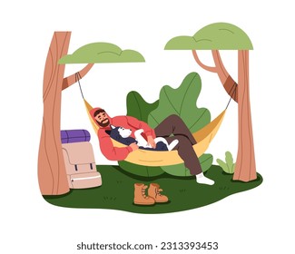 Man adventurer relaxing, sleeping in hammock. Tired backpacker hiker resting, lying with cute dog in nature on holiday adventure, vacation travel. Flat vector illustration isolated on white background