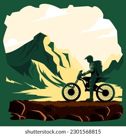 a man adventuring in the mountains using a dirt bike, survival and adventure flat illustration