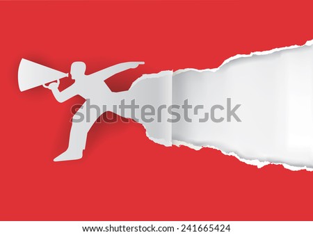 Man advertises or sells shouts in a megaphone with place for your text or image. Template  for a original advertisement. Vector illustration.