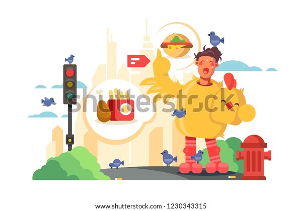 Man advertising fast food cafe vector\
illustration. Boy in chicken suit costume standing in city street\
and promoting restaurant dishes flat style\
concept