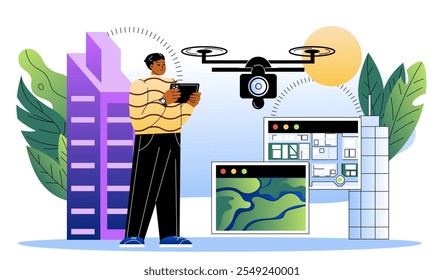 Man with aerial photography. Young guy controls drone with cameras. Camera and photography. Construction and architecture. Landscape photography. Flat vector illustration isolated on white background