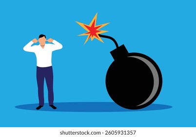 Man is Afraid of Bomb Explosion. Dangers of doing business concept vector art