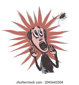 The man is afraid of the cockroach. Insectophobia. Cowardly screech. A comic character. Vector illustration 