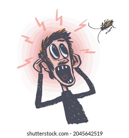 The man is afraid of the cockroach. Insectophobia. Cowardly screech. A comic character. Vector illustration 