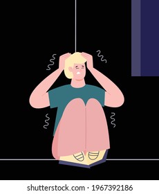 Man afraid of dark sitting on the floor in panic and despair, cartoon vector illustration. Fear or phobia of darkness illustration with scared frightened man.