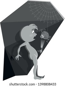the man was afraid of a funny spider on the web