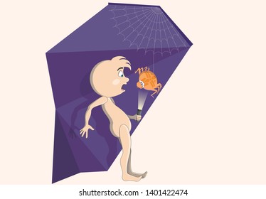 The man was afraid of a funny spider on the web
