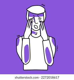 Man is afraid, hands near the face, purple and white. Fear and horror of white male character, line art, hand drawn sketch style vector.
