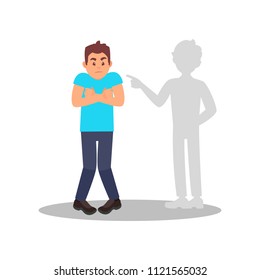 Man afraid of his own shadow ghost. Stressed young guy. Cartoon male character with frightened face expression. Flat vector design